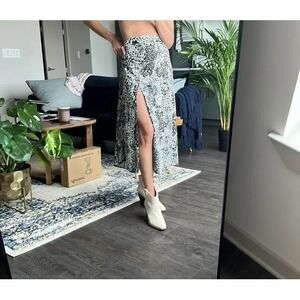 RESA Revolve Slip Skirt Satin Animal Print Midi Sz S Black White Side Slit ALine